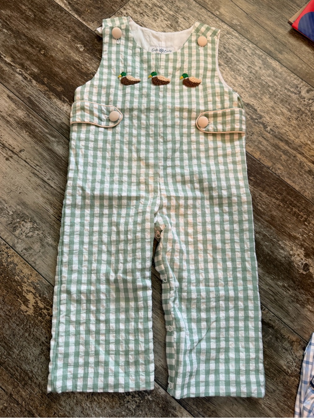 Green Gingham Duck Applique Overalls for Kids